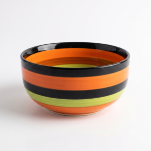 Vibrant Striped Ceramic Serving Bowl – Orange, Black & Lime Green