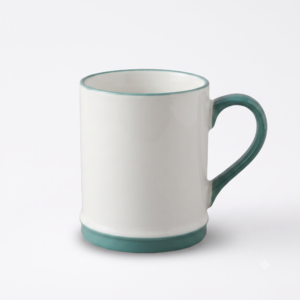 Minimalist White Porcelain Mug with Teal Green Rim and Base Accent
