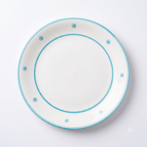 Minimalist White Ceramic Plate with Blue Trim and Polka Dot Border
