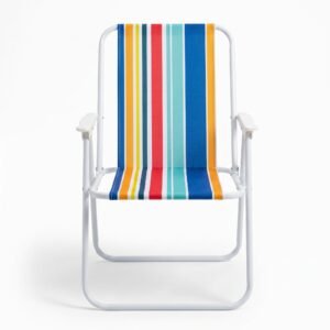 Portable Folding Beach Chair – Multi-Color Striped Canvas with White Frame