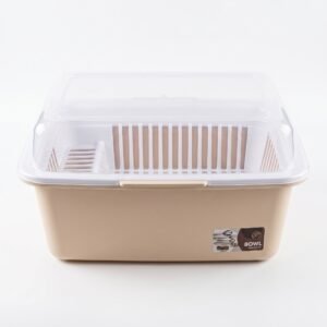 Compact Countertop Dish Drying Rack with Clear Dust Cover – Warm Beige