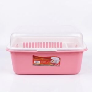 Compact Countertop Dish Drying Rack with Clear Dust Cover – Pastel Pink